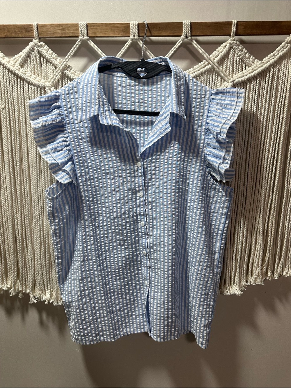 Blue and White Striped Ruffle-Sleeve Button-Down Blouse